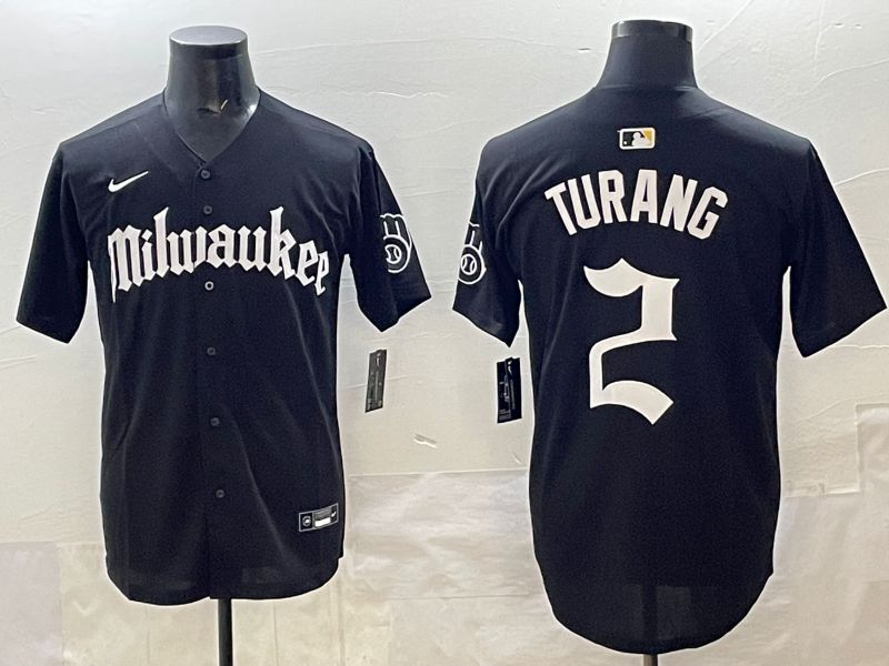 Men 2025 Milwaukee Brewers #2 Turang Black Five generations Joint Name Nike MLB Jersey style 1
